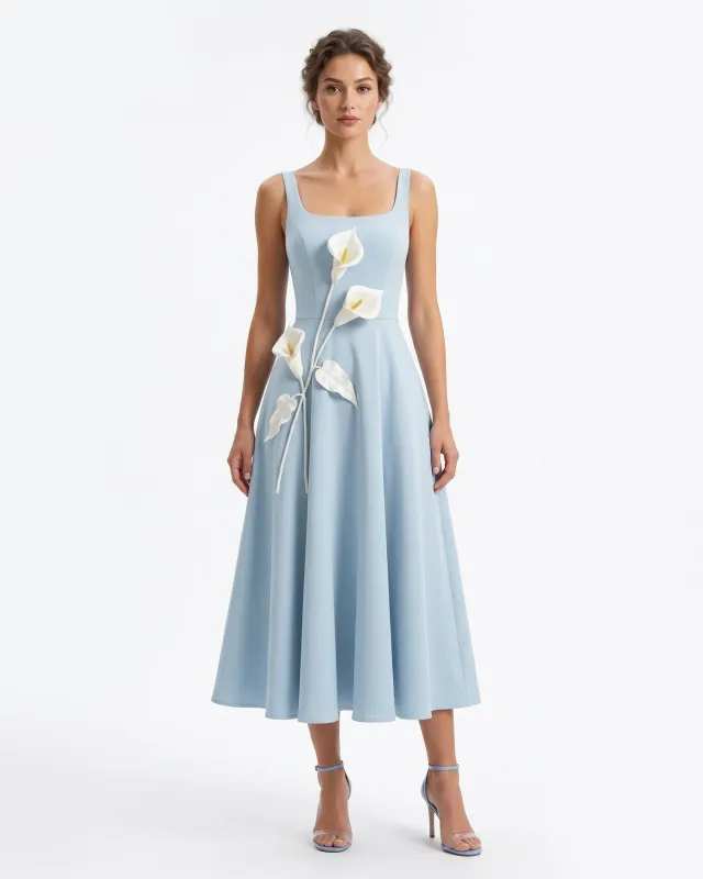 Floral Appliqué Square Neck Midi Dress - Light Blue made by JW PEI