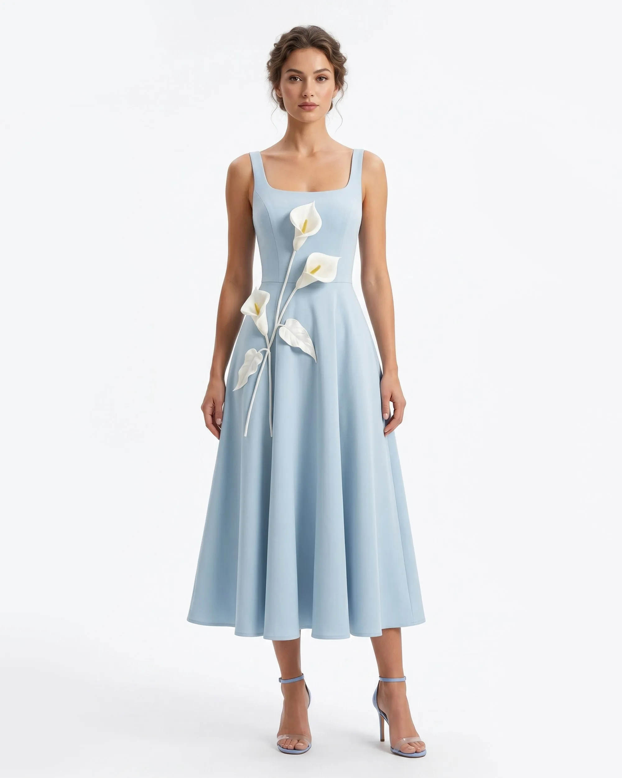 Floral Appliqué Square Neck Midi Dress - Light Blue sold by JW PEI