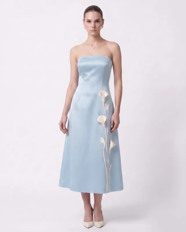 Floral Appliqué Strapless Midi Dress - Light Blue made by JW PEI