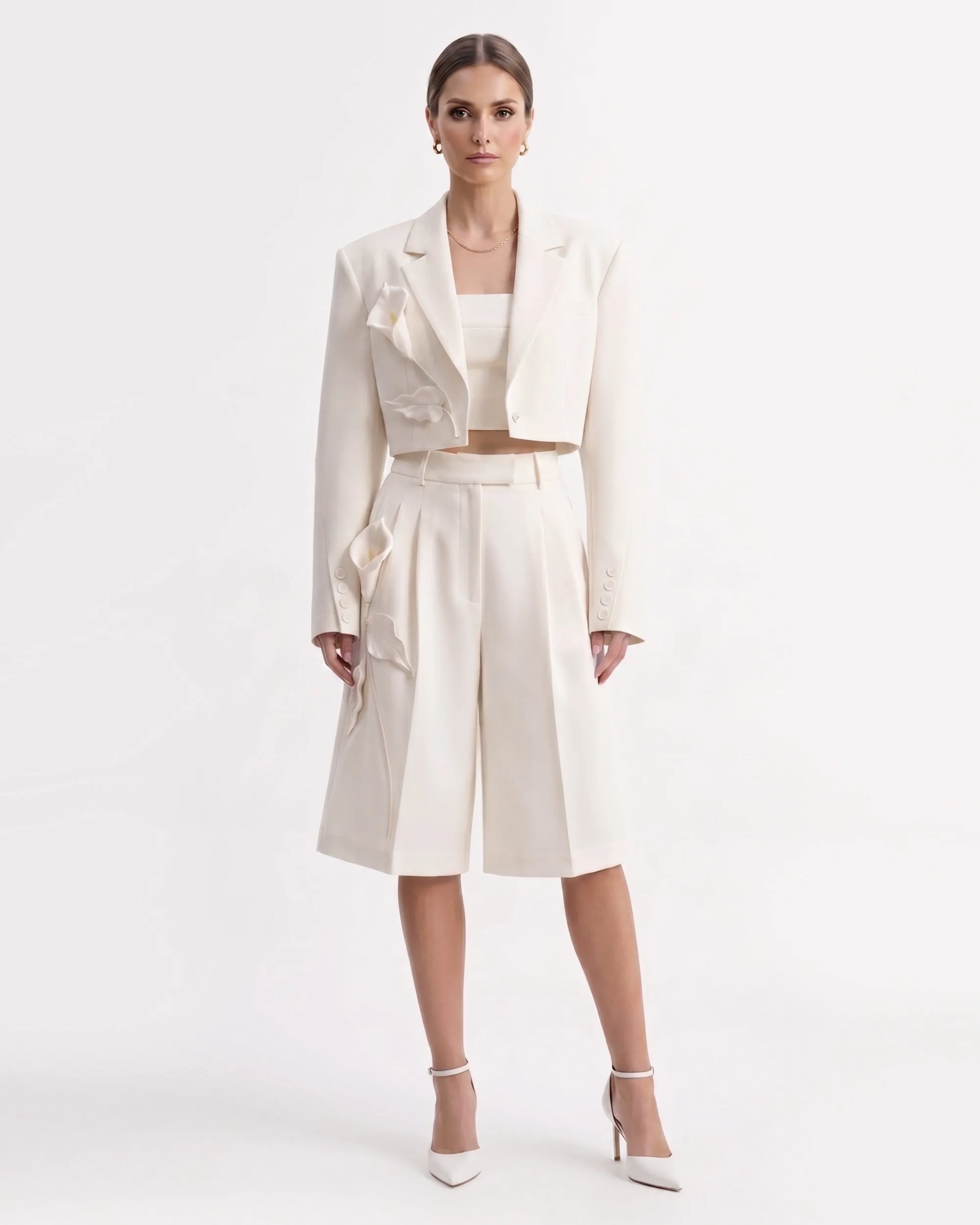 Floral Appliqué Cropped Blazer - White sold by JW PEI