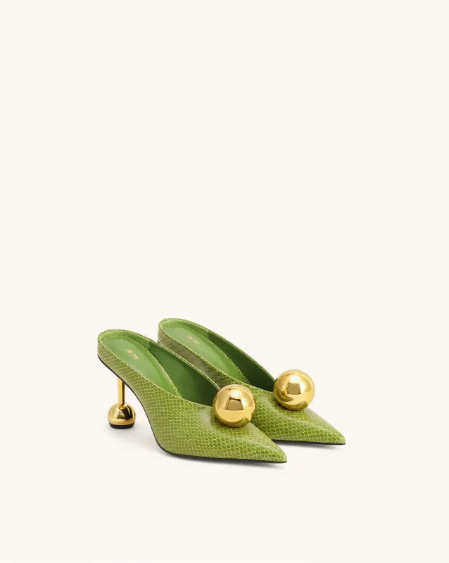 Sofia Angled Vamp Snakeskin Heel Mules - Green made by JW PEI