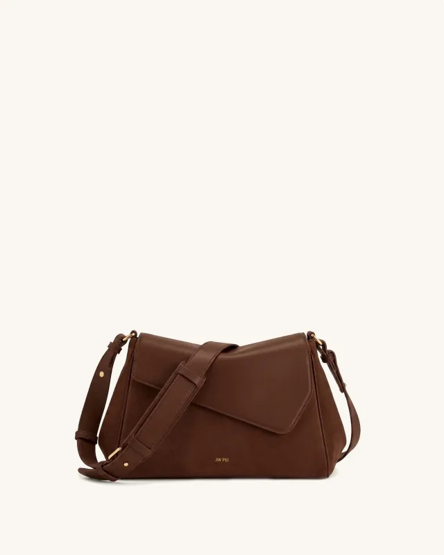 Addisyn Faux Suede Patchwork Flap Slouchy Shoulder Bag – Brown made by JW PEI