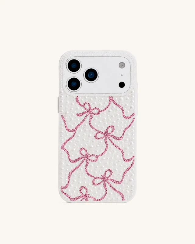 Pearl Artificial Crystal Ribbon Bow Phone Case – White made by JW PEI