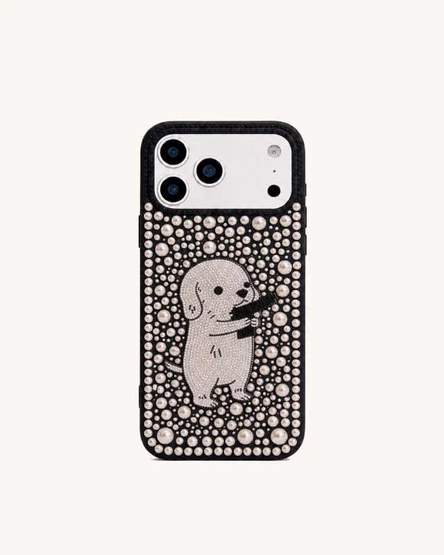 Pearl Artificial Crystal Puppy Phone Case - Black made by JW PEI