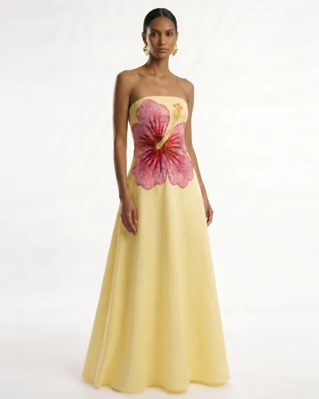 Hibiscus Embroidered Bandeau Maxi Dress - Yellow made by JW PEI