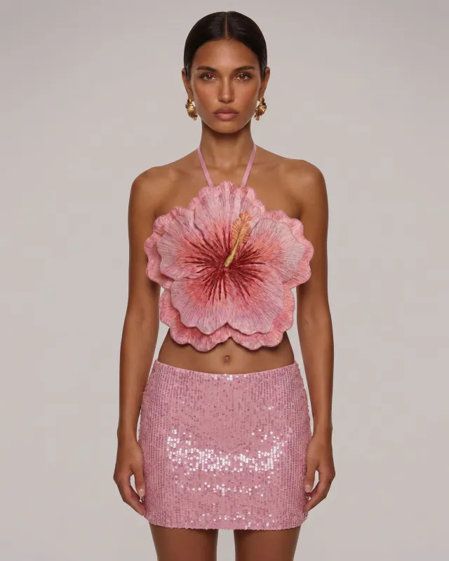 Hibiscus Embroidered Halter Crop Top - Pink made by JW PEI