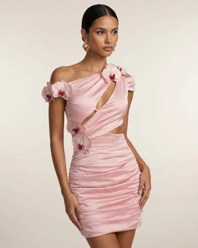 Orchid Embroidered Cutout Ruched Mini Dress - Blush Pink made by JW PEI