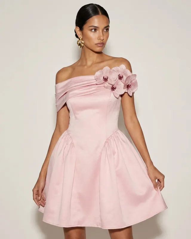 Orchid Embellished Off-Shoulder Mini Dress - Blush Pink made by JW PEI