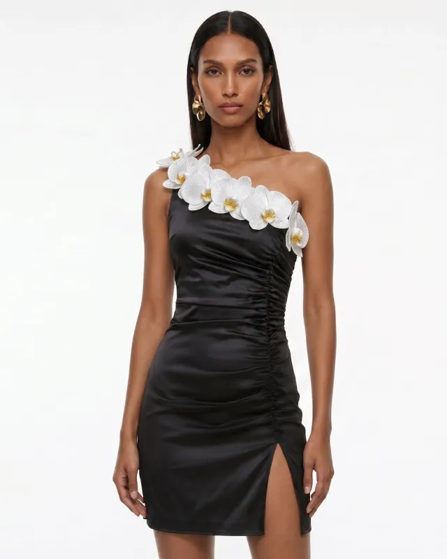 Orchid Embellished Ruched Slit Mini Dress - Black made by JW PEI