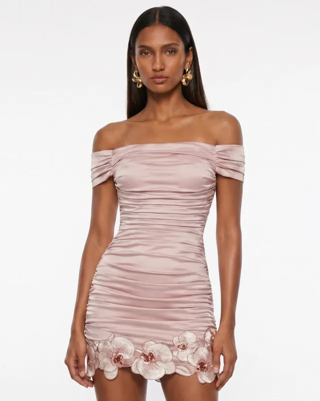 Orchid Embroidered Ruched Mini Dress - Blush Pink made by JW PEI