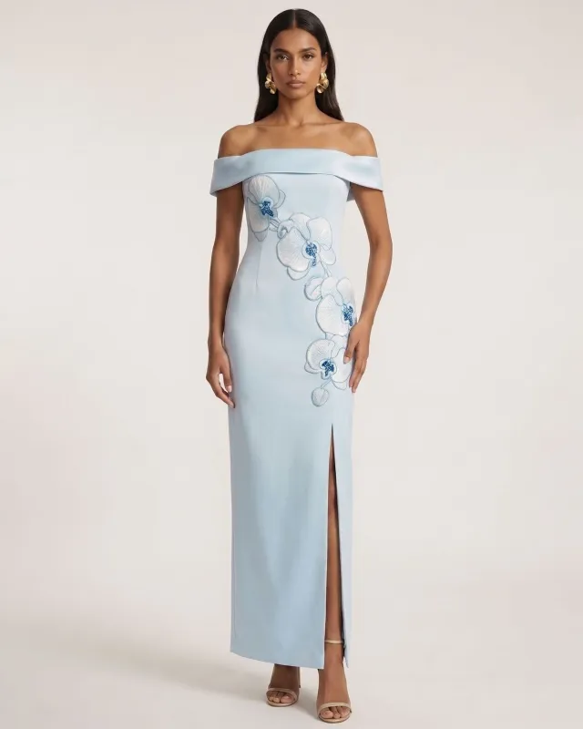 Orchid Embroidered Off-Shoulder Maxi Dress - Blue made by JW PEI