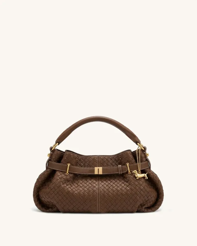 Maeve Dachshund Charm Woven Shoulder Bag - Brown made by JW PEI