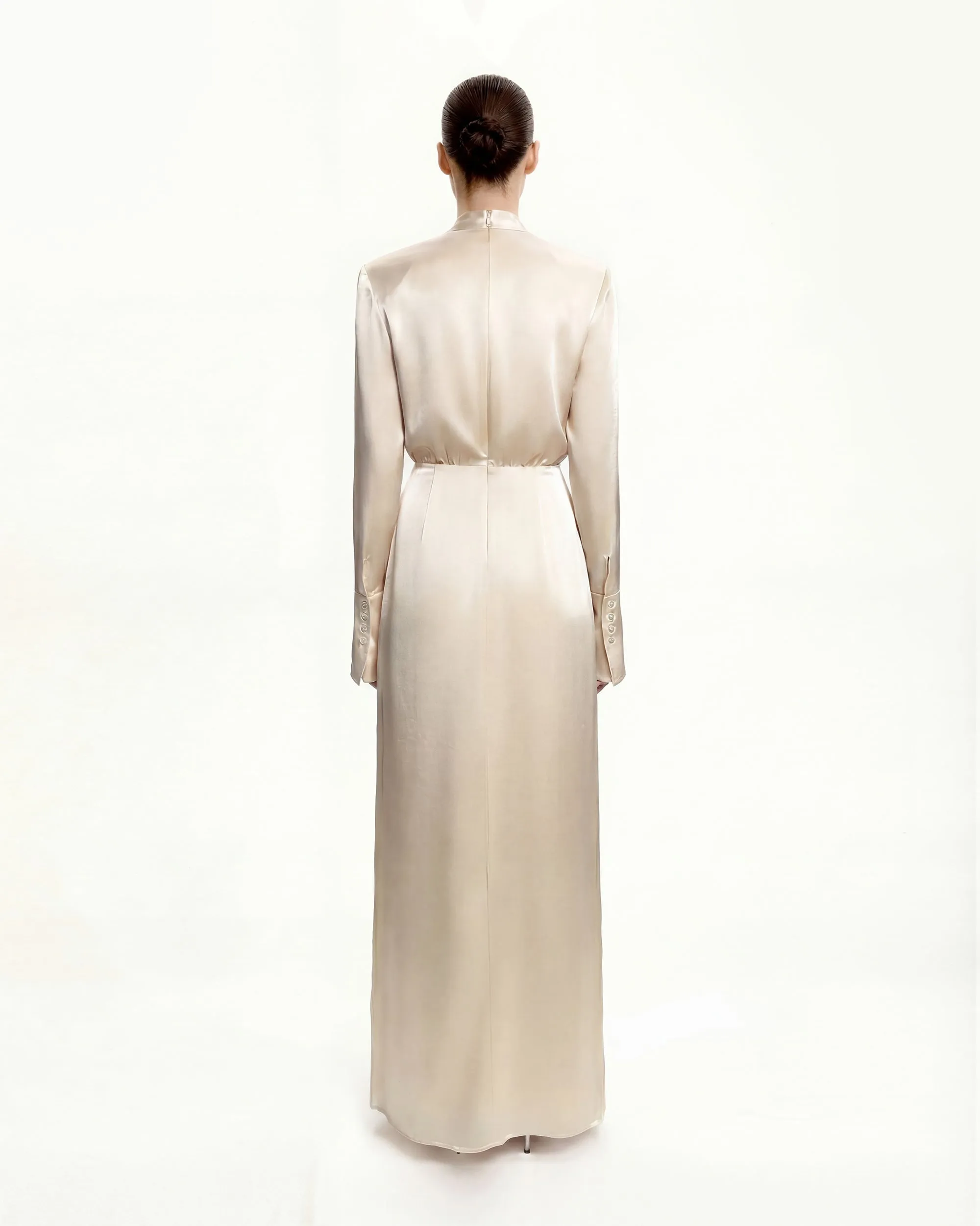 Structured Shoulder Design Satin High-Neck Fitted Maxi Dress - Cream sold by JW PEI product image thumbnail 3