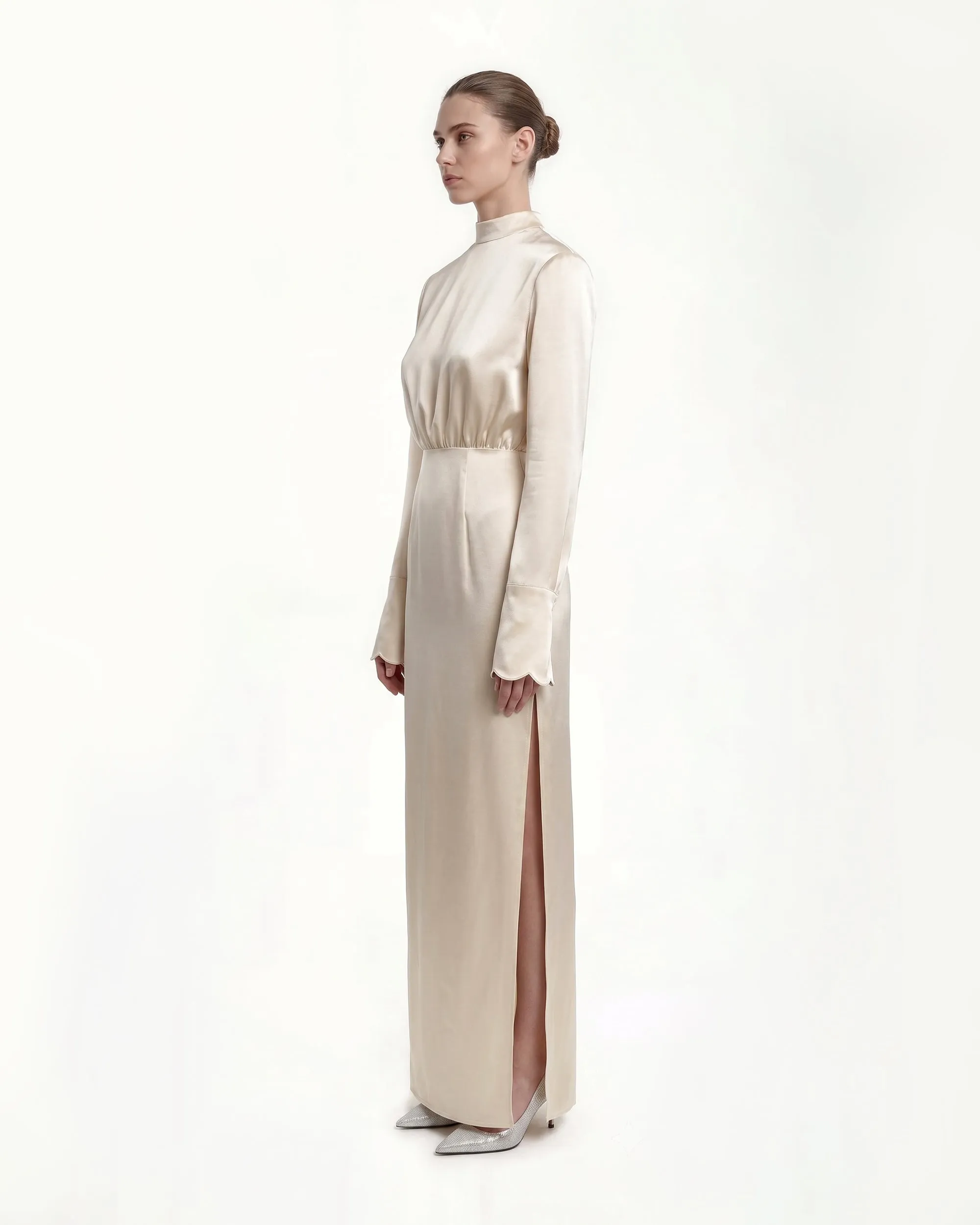 Structured Shoulder Design Satin High-Neck Fitted Maxi Dress - Cream sold by JW PEI product image thumbnail 2