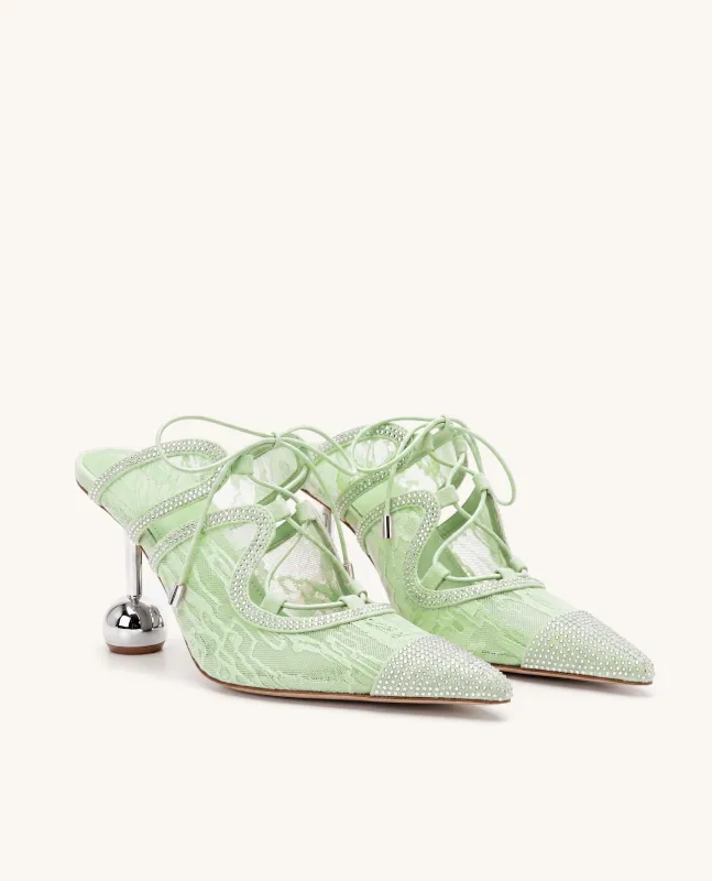 Sofia Lace Bow Mule Heels - Nile Green made by JW PEI