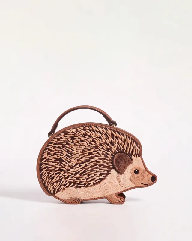 Embroidered Hedgehog Top Handle Bag - Brown made by JW PEI