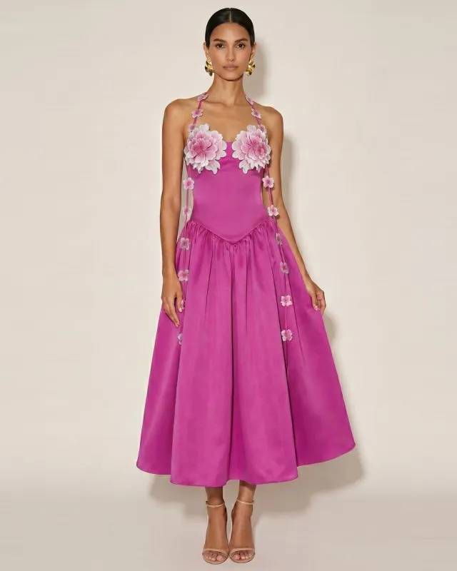 Floral Embellished Halter Maxi Dress - Fuchsia made by JW PEI