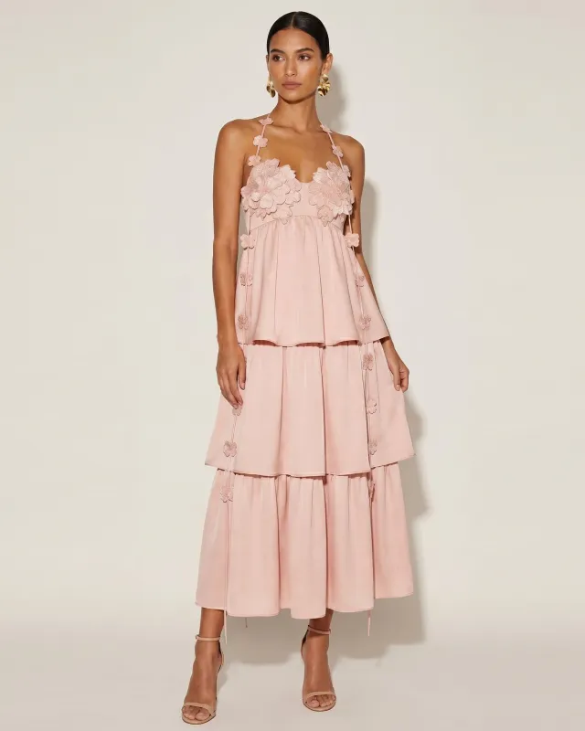 Floral Embellished Tiered Halter Maxl Dress - Blush Pink made by JW PEI