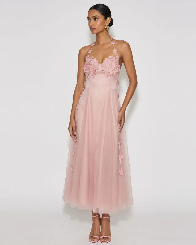 Floral Embellished Halter Tulle Maxi Dress - Blush Pink made by JW PEI
