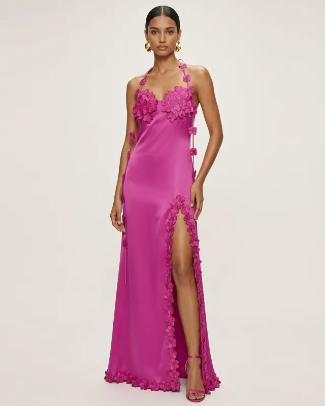 Floral Embellished Slit Maxi Dress - Fuchsia made by JW PEI