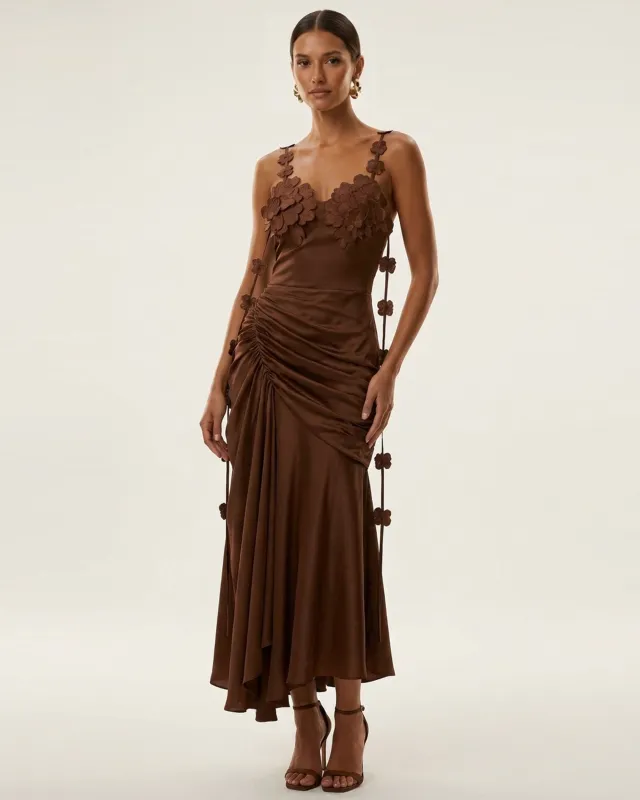 Floral Embellished Ruched Midi Dress - Brown made by JW PEI