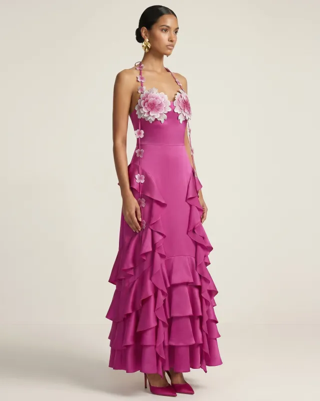 Floral Embellished Ruffle Halter Maxi Dress - Fuchsia made by JW PEI