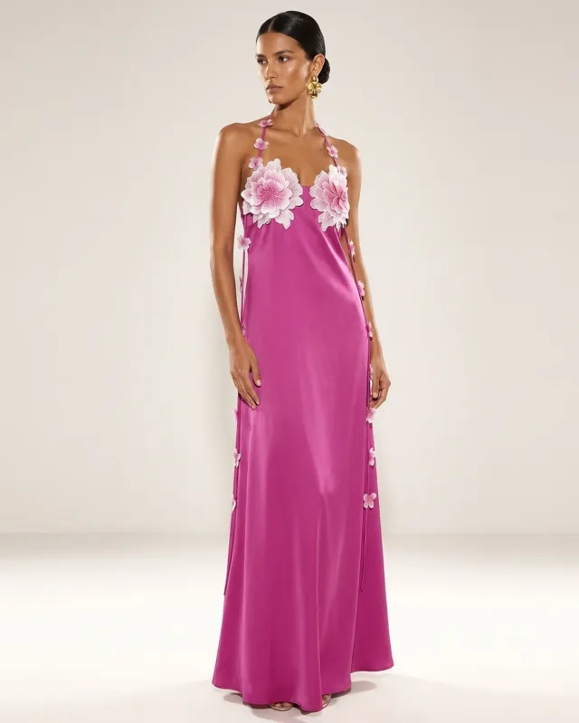 Floral Embellished Halter Slip Maxi Dress - Fuchsia made by JW PEI