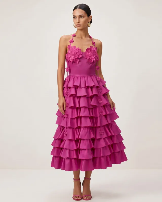 Floral Embellished Tiered Halter Maxi Dress - Fuchsia made by JW PEI