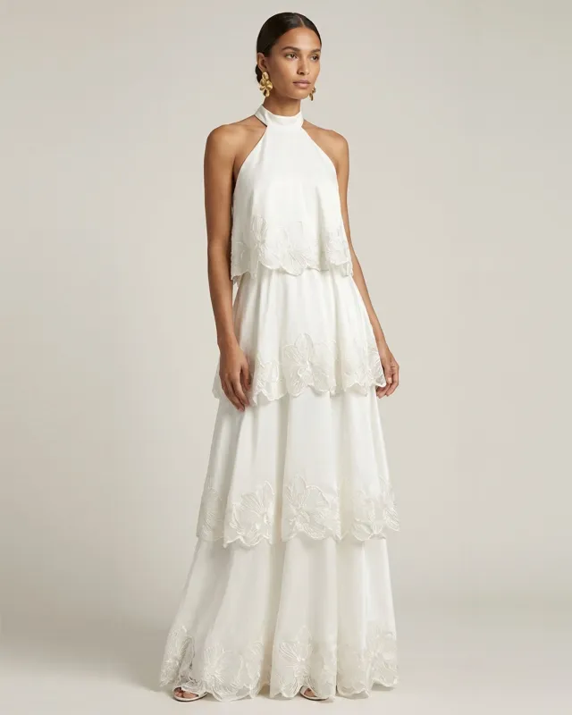 Orchid Embroidered Tiered Halter Maxi Dress - White made by JW PEI