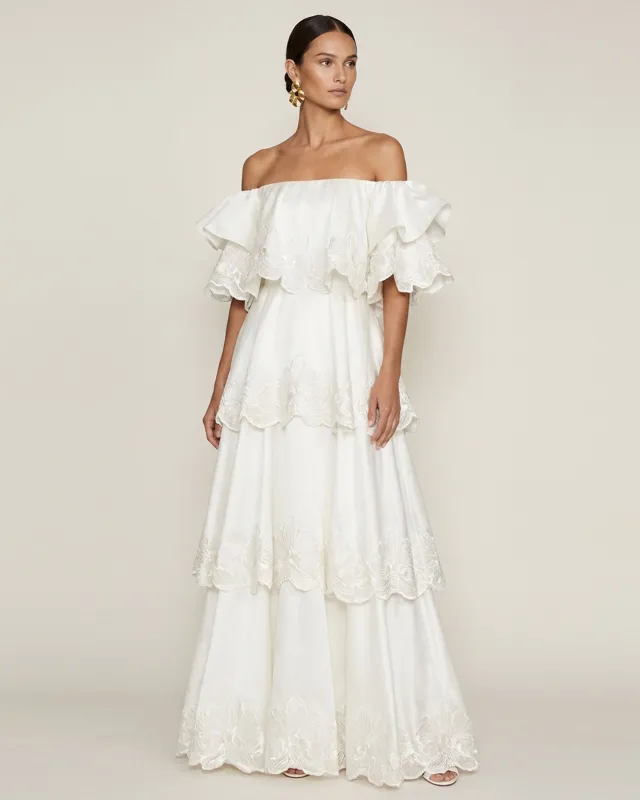 Orchid Embroidered Tiered Off-Shoulder Maxi Dress - White made by JW PEI