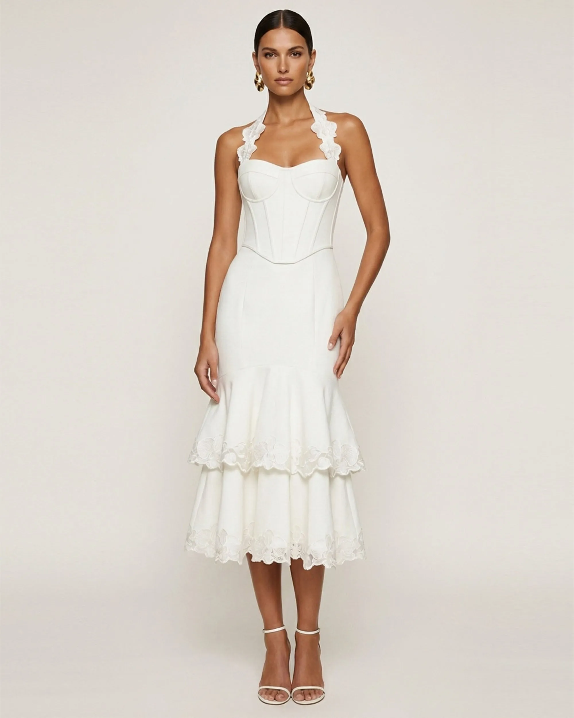 Orchid Embroidered Halter Corset Midi Dress - White sold by JW PEI