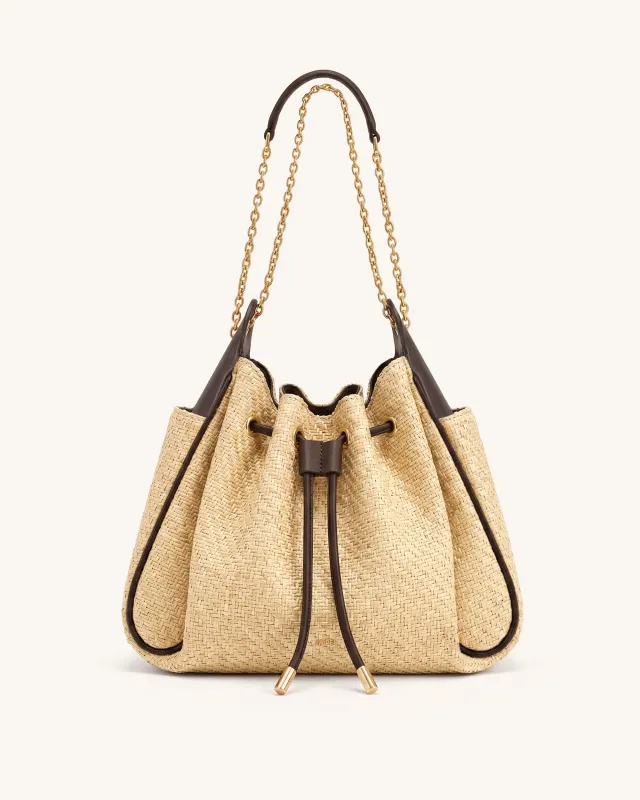 Rowan Faux Straw Ruched Drawstring Chain Bucket Bag - Light Brown made by JW PEI