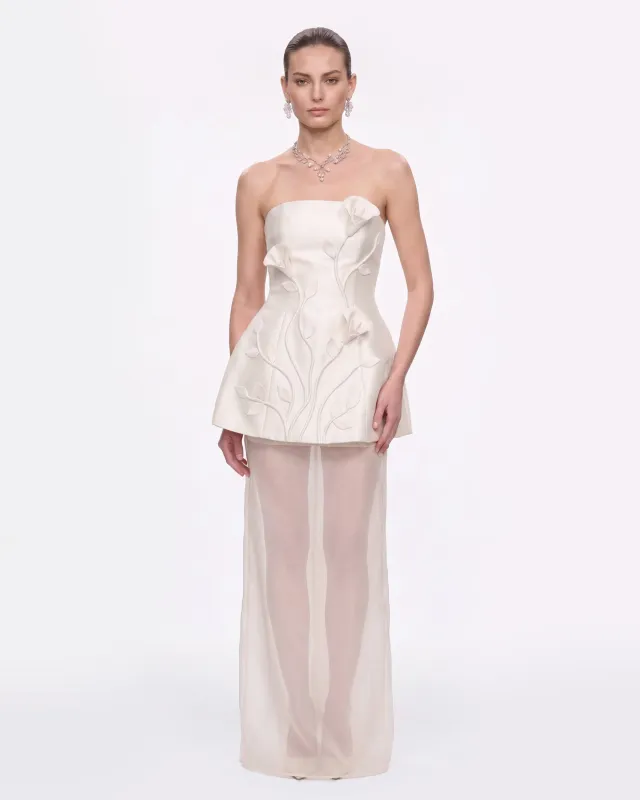 3D Floral-Appliqué Dress with Sheer Panelling - White made by JW PEI