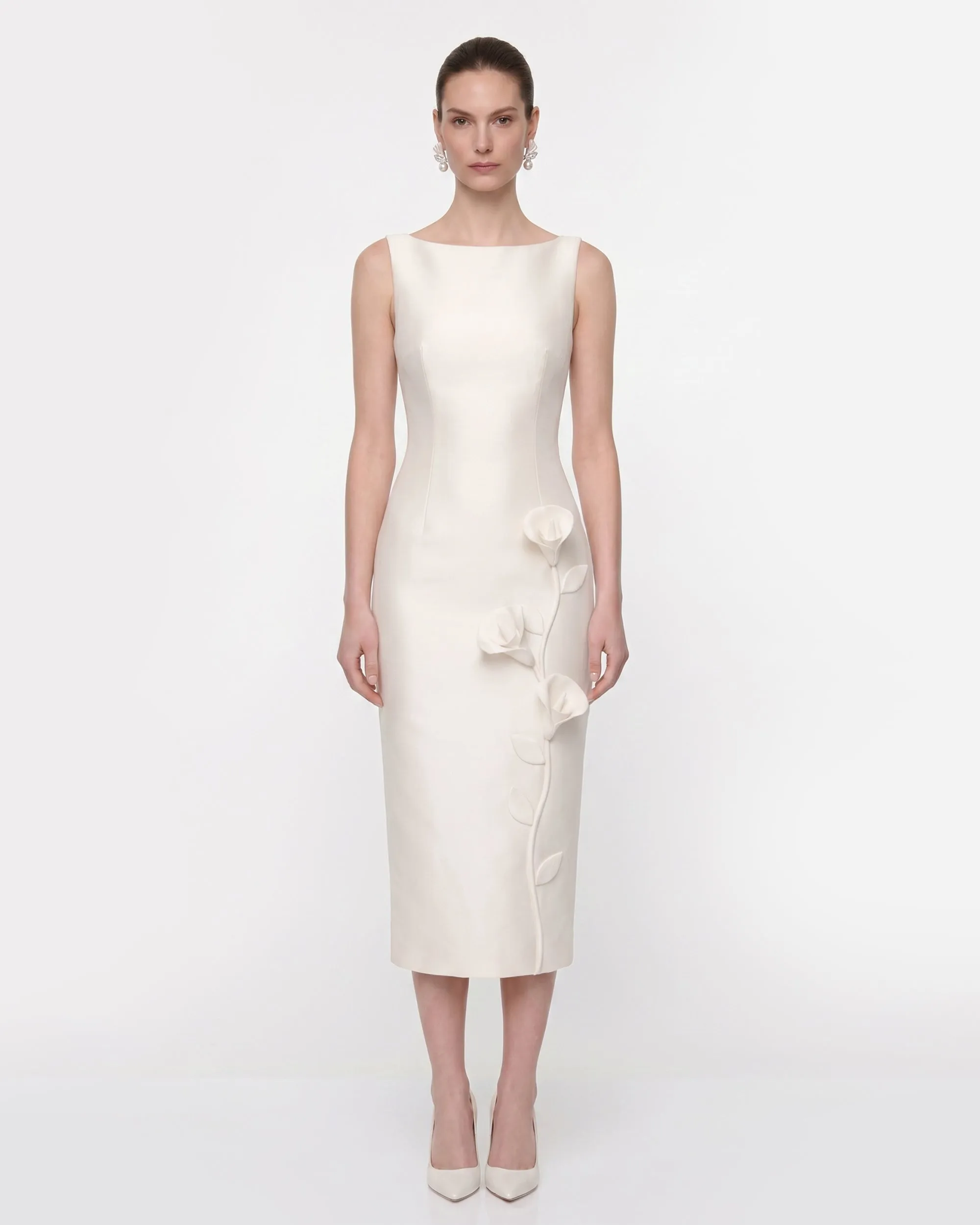 Floral Appliqué Sleeveless Midi Dress - White sold by JW PEI