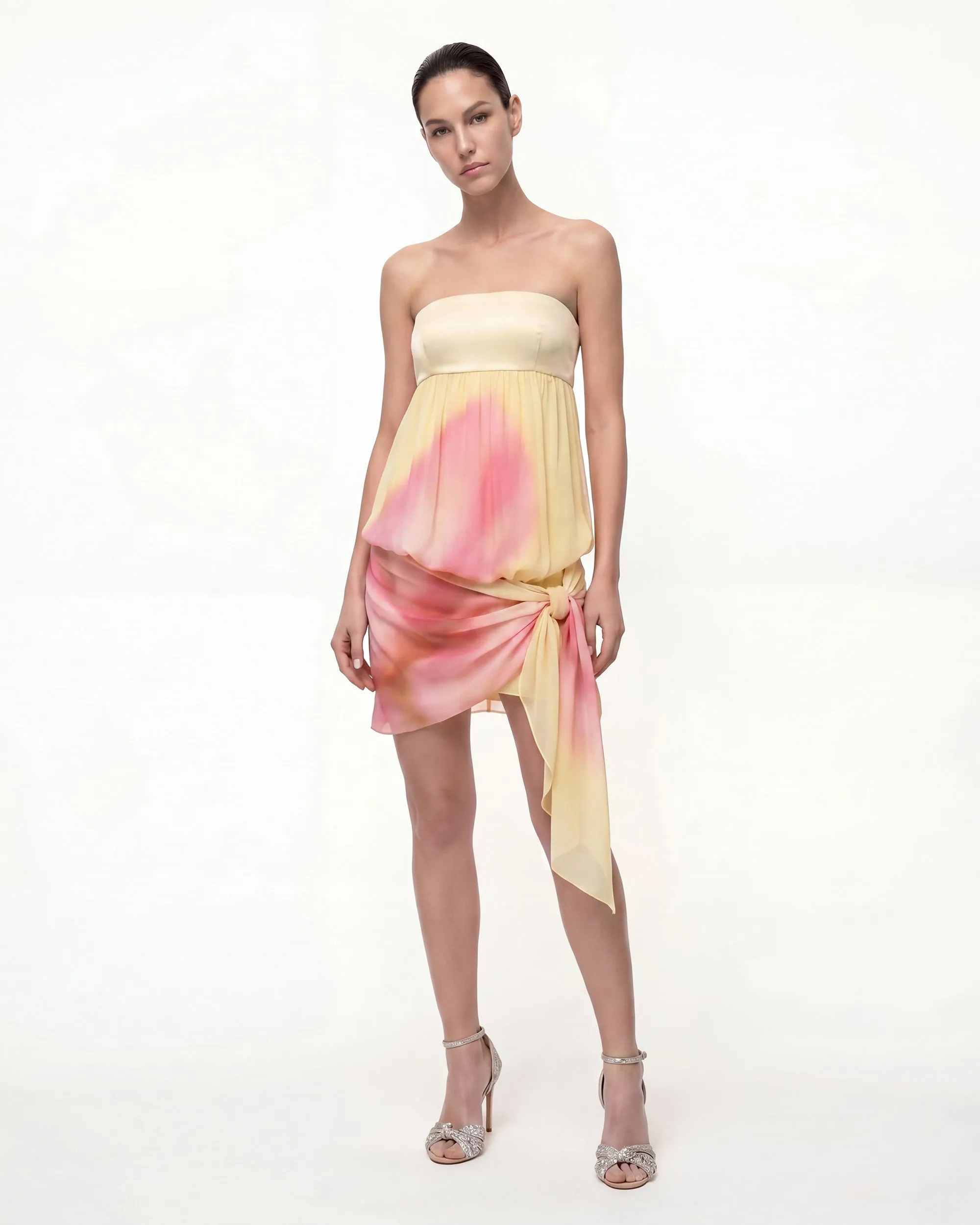 Strapless Draped Tie Bubble Mini Dress - Yellow Pink sold by JW PEI