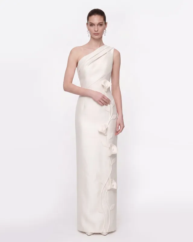 Floral Appliqué One-Shoulder Maxi Dress - White made by JW PEI