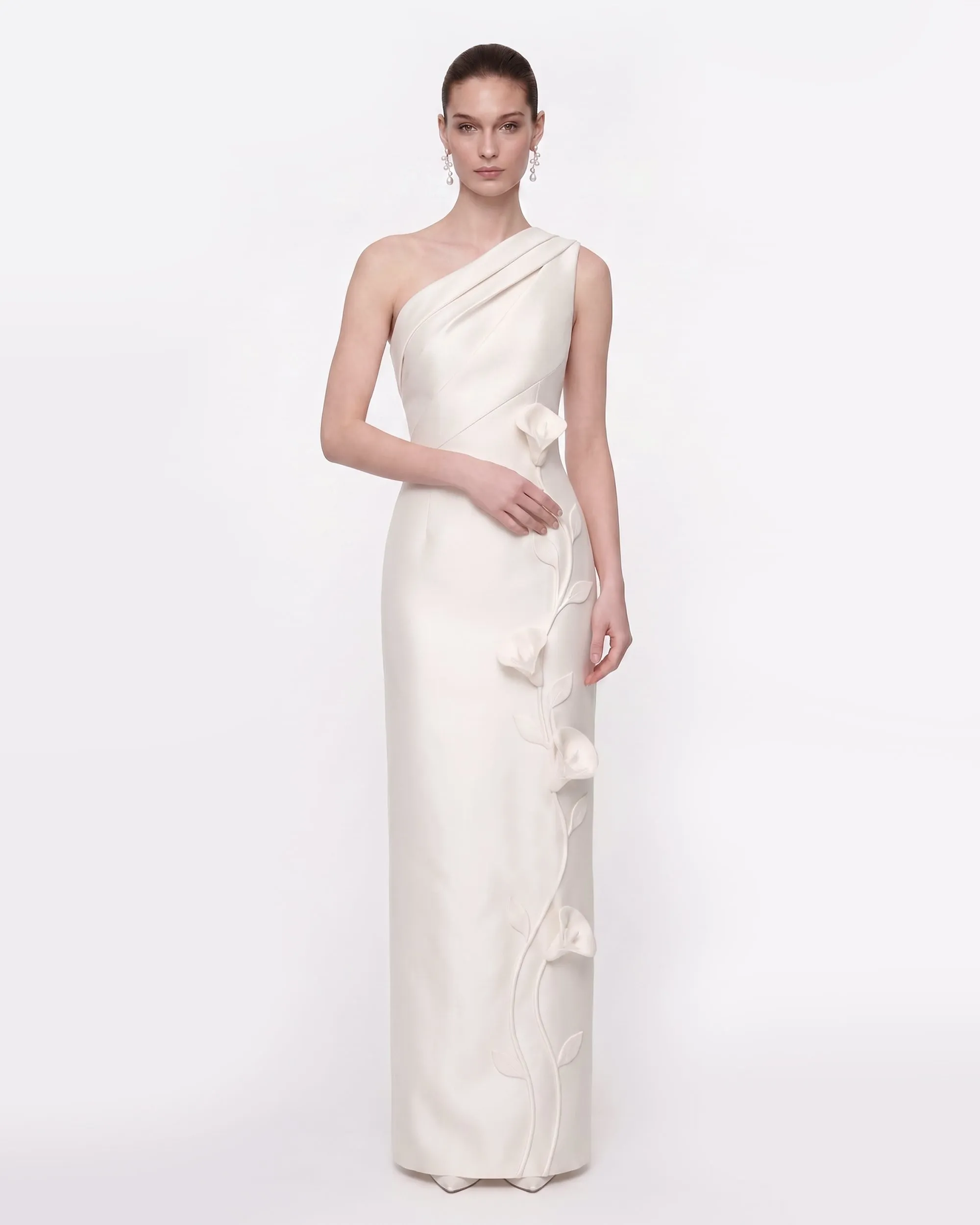 Floral Appliqué One-Shoulder Maxi Dress - White sold by JW PEI