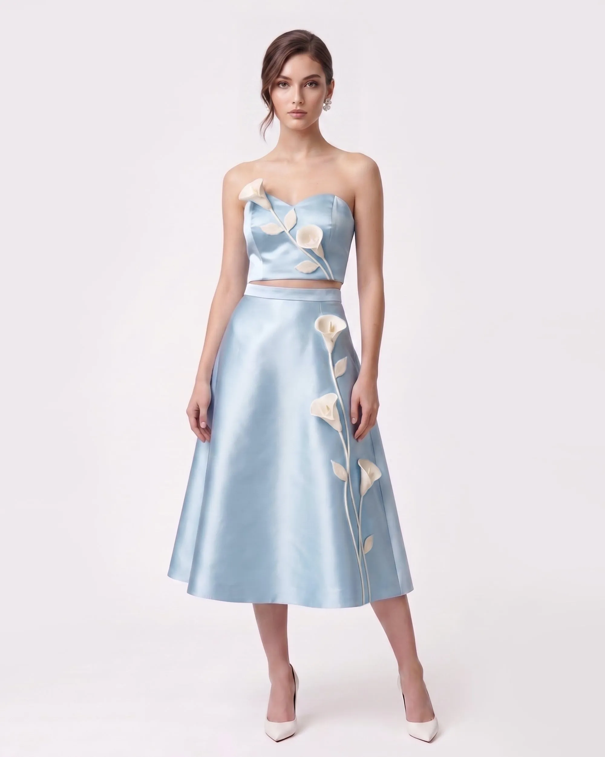 Floral Appliqué Satin Midi Skirt - Light Blue sold by JW PEI