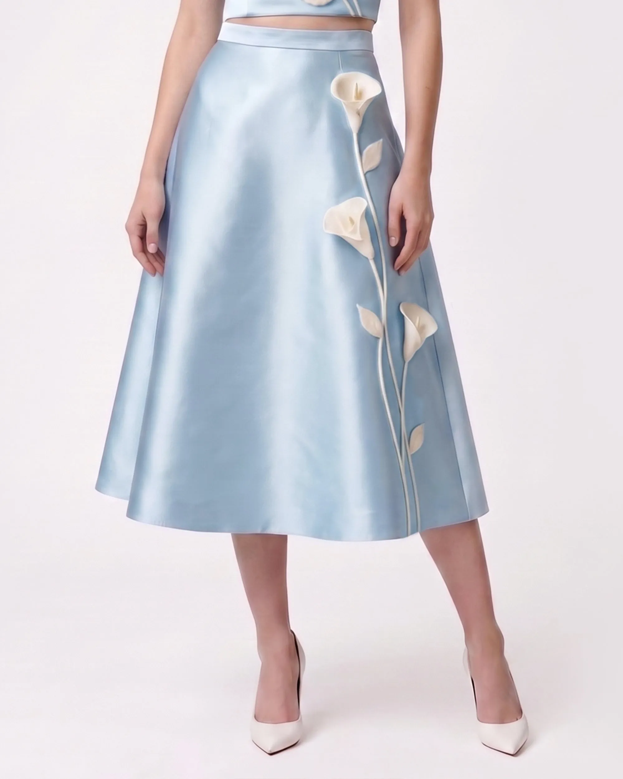 Floral Appliqué Satin Midi Skirt - Light Blue sold by JW PEI product image thumbnail 2
