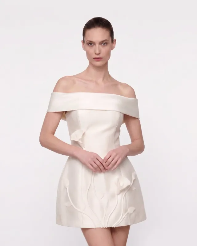 Floral Appliqué Off-Shoulder Mini Dress - White made by JW PEI