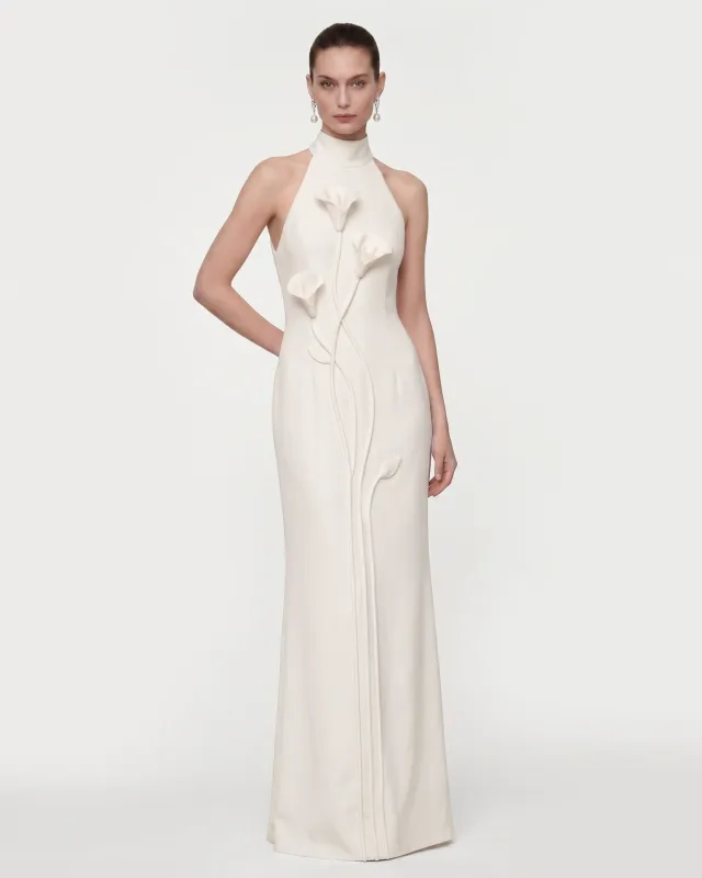 Floral Appliqué Vine Halter Maxi Dress - White made by JW PEI