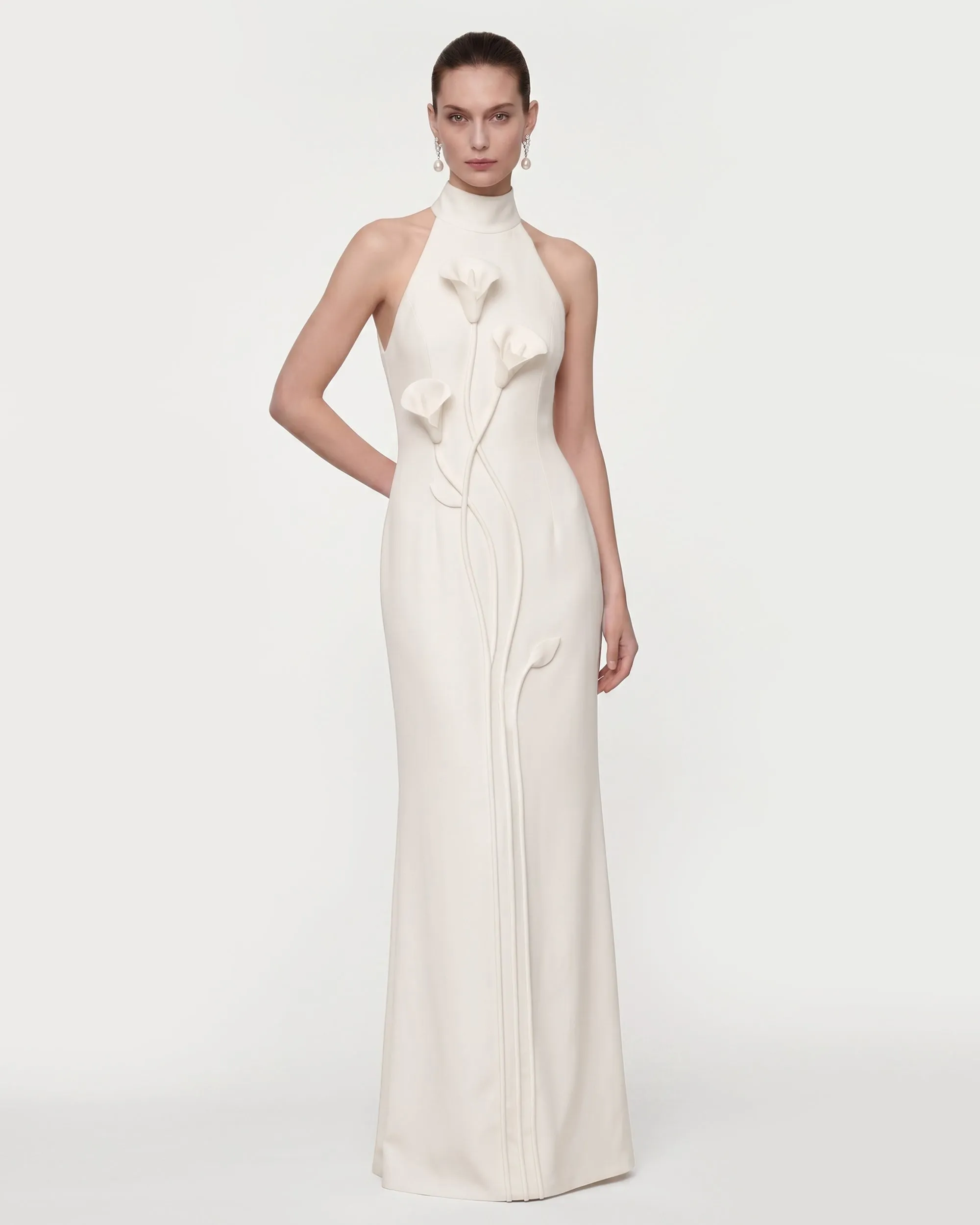 Floral Appliqué Vine Halter Maxi Dress - White sold by JW PEI
