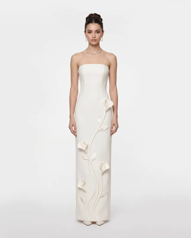 Floral Appliqué Strapless Column Dress - White made by JW PEI