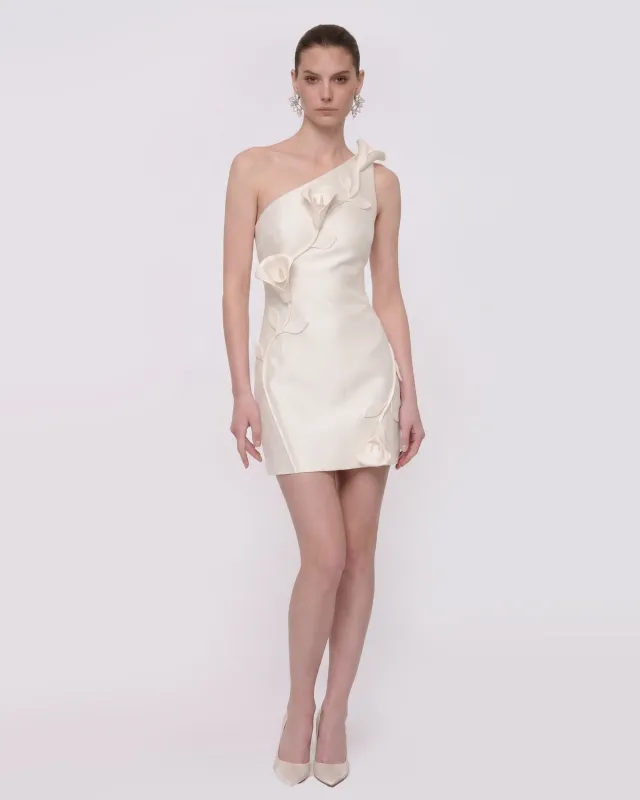 Floral Appliqué One-Shoulder Mini Dress - White made by JW PEI