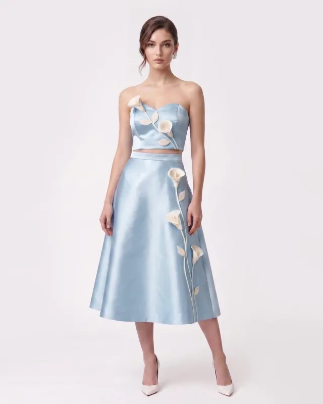 Floral Appliqué Satin Crop Top - Light Blue made by JW PEI