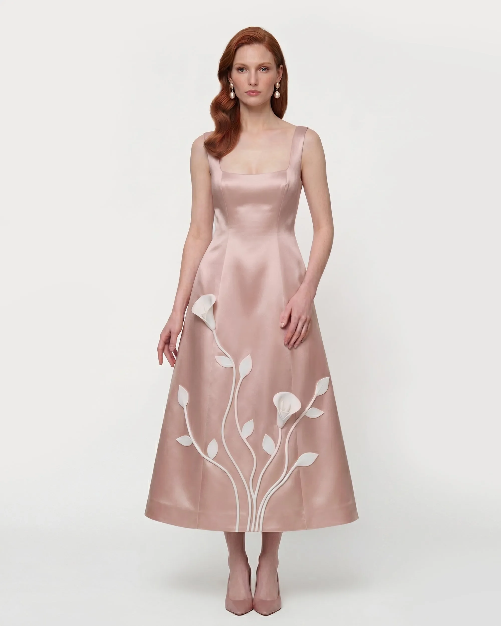 Floral Appliqué Square Neck Midi Dress - Blush Pink sold by JW PEI