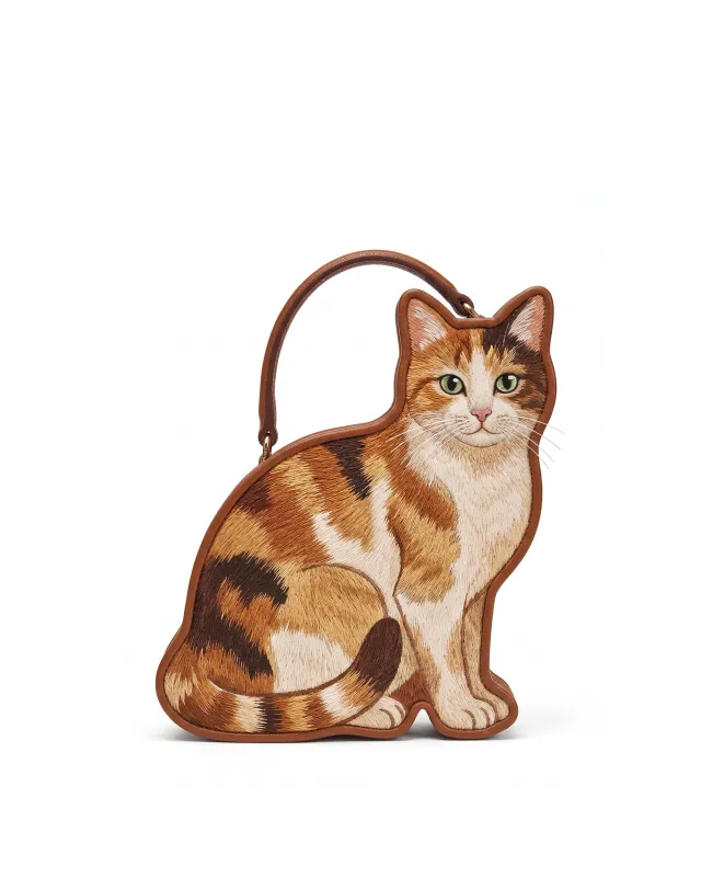 Embroidered Cat Top Handle Bag - Brown made by JW PEI