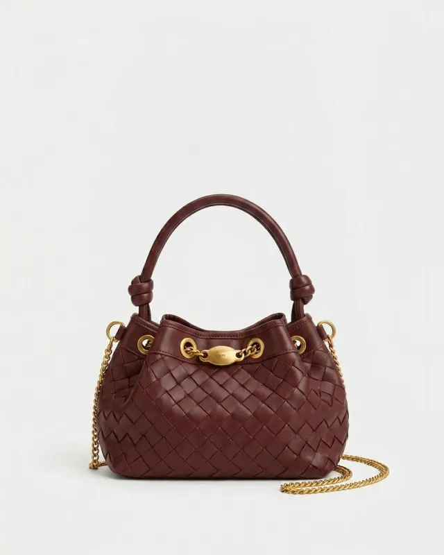 Yara Woven Top Handle Drawstring Bucket Bag - Burgundy made by JW PEI