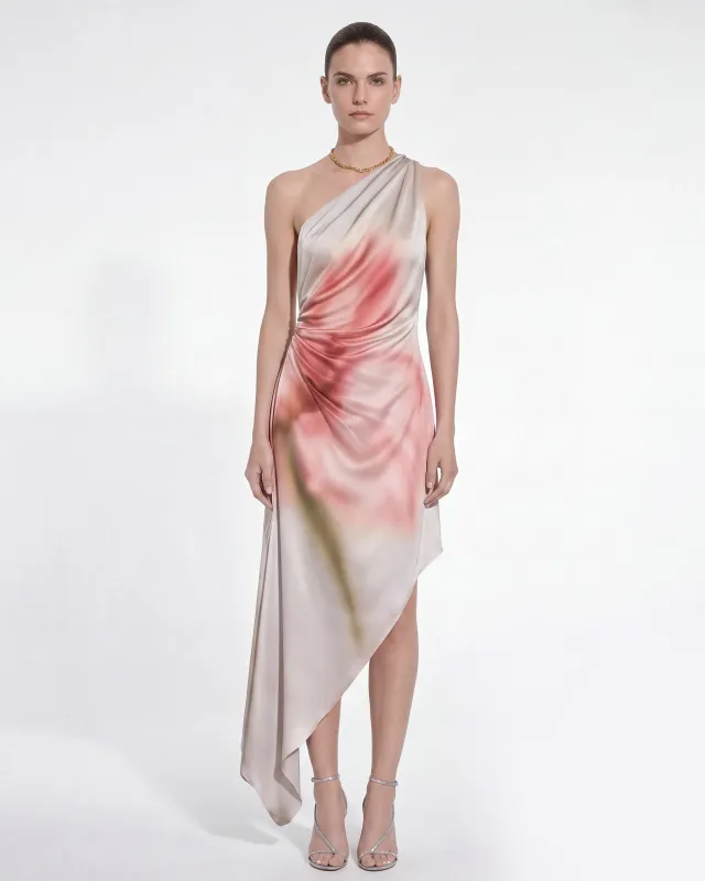 Floral Print Asymmetric Draped Midi Dress - Silver made by JW PEI
