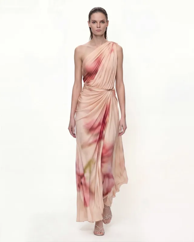 Floral Print Asymmetric Draped Maxi Dress - Blush made by JW PEI